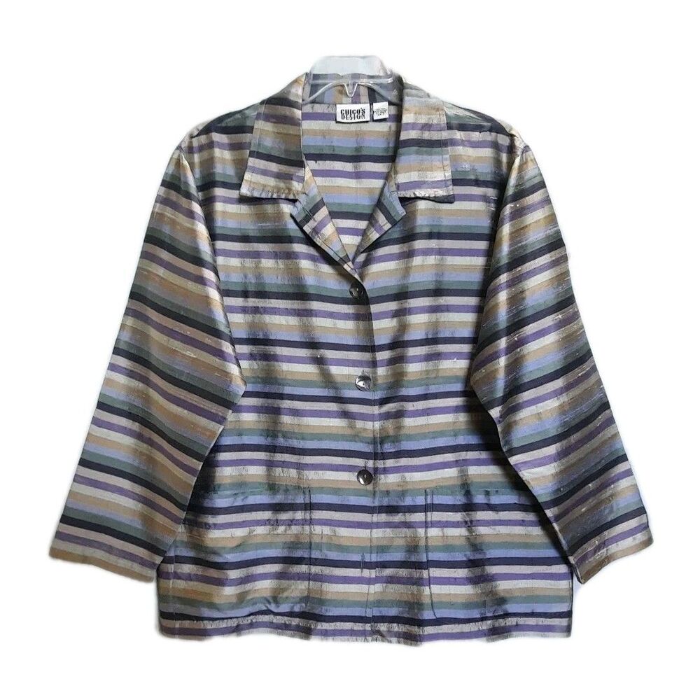 VTG Chicos Design Silk Striped Button Shirt Jacket SHACKET Multicolor Sz 2 / L